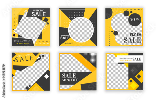 Black and yellow set of blank minimal square banner template for social media post and web ads. Special offer, weekend sale, flash sale, 50 70 off. Flat cartoon illustration vector concept design