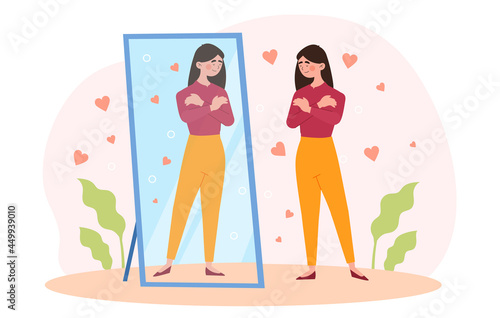 Happy woman stand before mirror and hug herself, narcissism, positive affirmations, body positive, self care, web banner. Flat cartoon illustration vector concept design isolated on white background