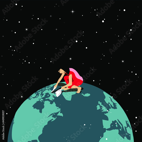 Future Preservation - woman cleaning the terrestrial globe on a starry background