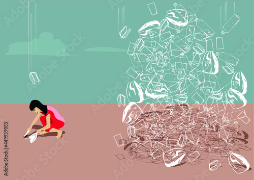 Woman cleaning with a mountain of plastic garbage behind her