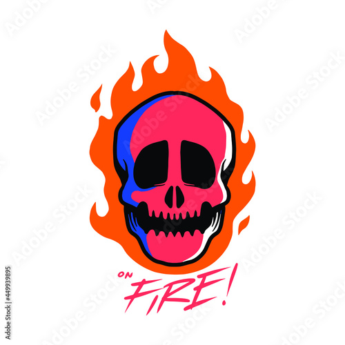 a red head skull on the blaze. a scary, dangerous, and warn vector illustration in hand-drawn style. evil illustration in cartoon.