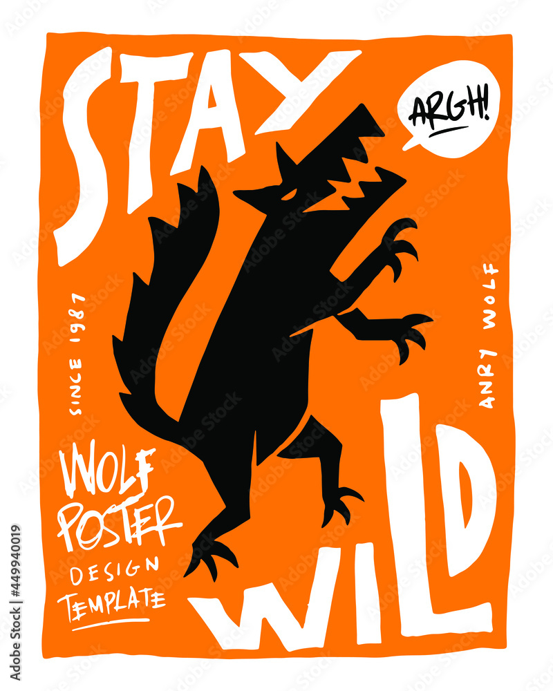 howling wolf poster design on orange background. silhouette wild wolf