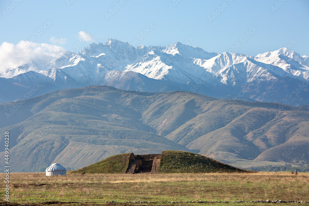 Archaeological excavations in a burial mound near the city of Almaty and a nomadic yurt, Almaty, Kazakhstan