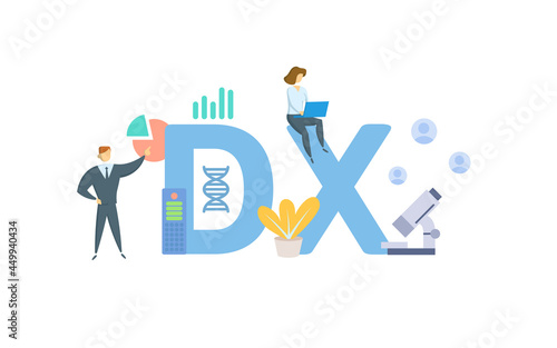 DX, Diagnosis. Concept with keyword, people and icons. Flat vector illustration. Isolated on white.