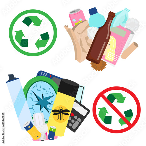 recyclable and non recyclable waste. Types of trash and garbage with recycling sign