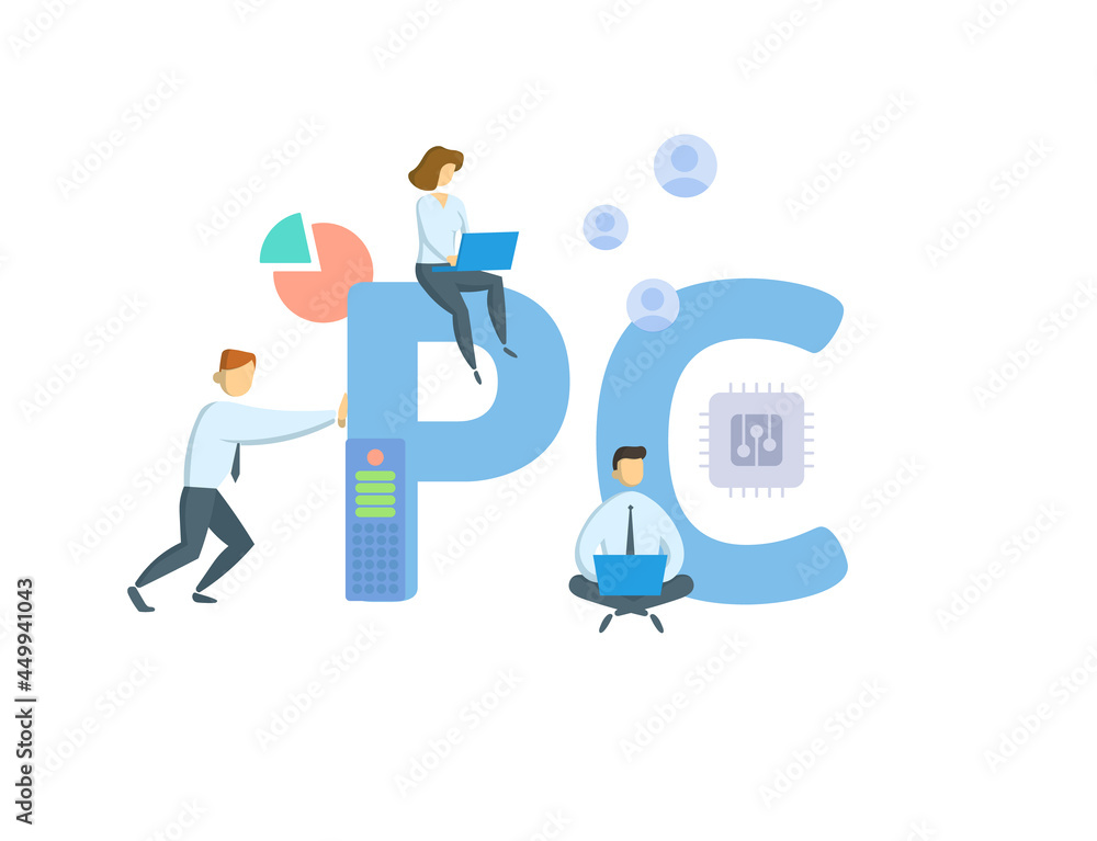 PC, Personal Computer. Concept with keyword, people and icons. Flat vector illustration. Isolated on white. PC, Personal Computer. Concept with keyword, people and icons. Flat vector illustration. Isolated on white.