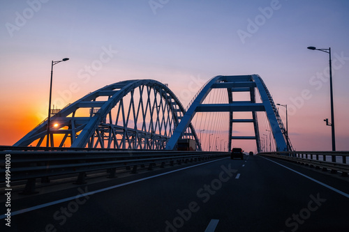 Crimea bridge over Kerch Strait at the evening sunset