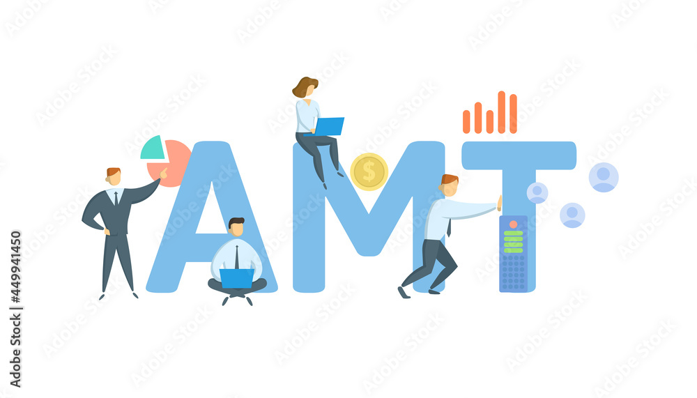 AMT, Alternative Minimum Tax. Concept with keyword, people and icons. Flat vector illustration. Isolated on white. AMT, Alternative Minimum Tax. Concept with keyword, people and icons. Flat vector illustration. Isolated on white.