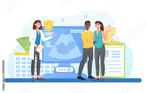 Mixed racial family expecting baby visit doctor medical office taking consultation and diagnosis. Family planning. Flat cartoon illustration vector concept design isolated on white background
