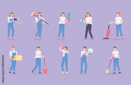 set of people doing housework