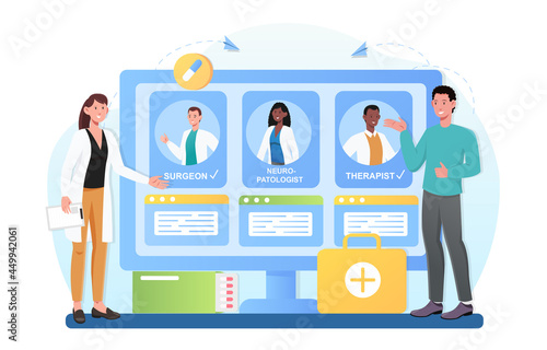 Ranking doctor by rating, awards and medical specialization. Customer feedback online, satisfied person leaves good review to doctor. Flat cartoon vector concept design isolated on white background
