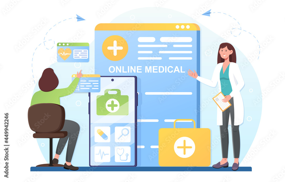 Online medical advise or consultation service, tele medicine app, patient meeting online doctor. Digital medical card, insurance policy. Flat cartoon vector concept design isolated on white background Online medical advise or consultation service, tele medicine app, patient meeting online doctor. Digital medical card, insurance policy. Flat cartoon vector concept design isolated on white background