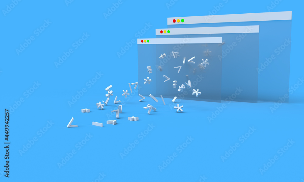 Code characters fly out of the browser windows. Composition on the topic of programming, development, technologies. Modern style, 3d rendering. Code characters fly out of the browser windows. Composition on the topic of programming, development, technologies. Modern style, 3d rendering.