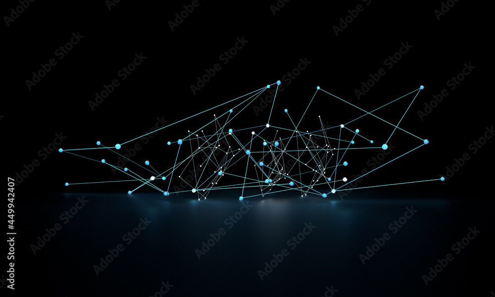 Glowing neural network on a black background. The balls and lines form a grid. Composition on the topic of technologies, communications, the Internet, the network. 3d rendering. Glowing neural network on a black background. The balls and lines form a grid. Composition on the topic of technologies, communications, the Internet, the network. 3d rendering.