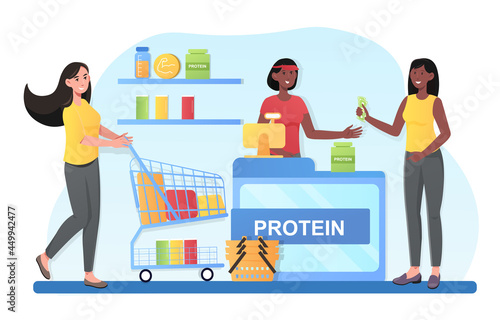People shopping sportive nutrition, healthy lifestyle, bodybuilding activity and food consumption. Saleswoman at cash register and happy athletes. Flat cartoon vector concept design isolated on white