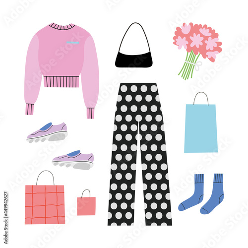 Collection of stylish women's clothes isolated on white background. Set of fashionable outfit for everyday city life. Flat cartoon colorful vector illustration. Sport and romantic style. Shopping day.