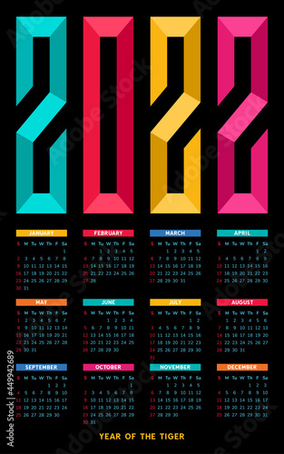 Wall calendar 2022 on black background. Vector, illustration