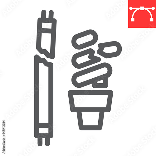 Fluorescent lamp waste line icon, recycle and ecology, lamp waste vector icon, vector graphics, editable stroke outline sign, eps 10.