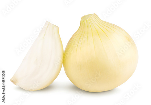 Fresh onion and onion slice isolated on white background. Ingredients for cooking.