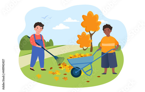 Happy kids doing housework chores, raking falling leaves. Autumn cleanup day, seasonal cleaning service. Flat cartoon vector illustration concept design isolated on white background © Rudzhan