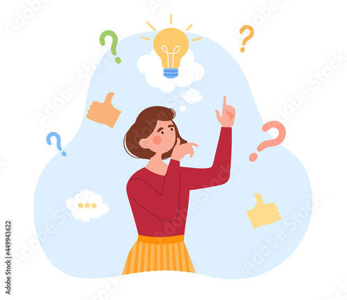 Thoughtful woman working on problem solving in making right decision. Composition with question mark, like sign and light bulb. Flat abstract metaphor cartoon vector concept design isolated on white