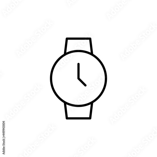 Hand watch icon. Wrist Watch simple black line icon on white. Trendy flat isolated symbol sign can be used for: illustration, outline, logo, mobile, app, design, web, dev, ui, ux, gui. Vector EPS 10