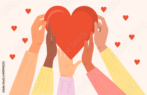 Diverse hands holding heart symbol, sharing love, helping others, charity and donation supported by global community. Flat abstract metaphor cartoon vector concept design isolated on white background.