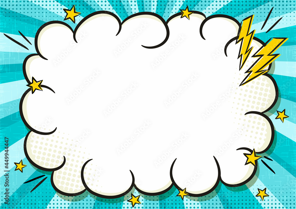 Comic banner with cloud frame in popart style. Text box on a bright blue background. Template for web design, banners, coupons, applications and posters. Cartoon Vector illustration. Comic banner with cloud frame in popart style. Text box on a bright blue background. Template for web design, banners, coupons, applications and posters. Cartoon Vector illustration.