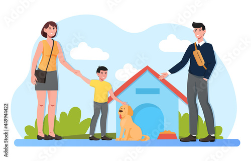 Young kind family with kid standing near dog kennel, pet and feed dog. Adult solidarity and responsibility. Flat cartoon vector illustration concept design isolated on white background