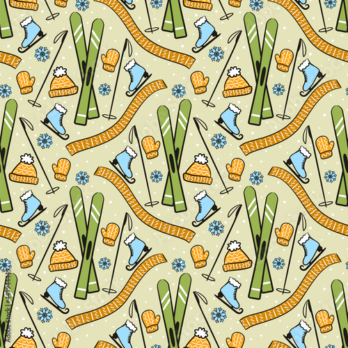Seamless winter pattern. Sports background with hand-drawn skis skates, knitting and snowflakes. Vector Illustration for the design of competitions, sports projects, tennis equipment.