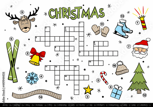 Merry Christmas crossword for kids. Children's winter game with cartoon elements. Santa Claus, tree, reindeer, skis, skates, scarf, hat, snowflake. Vector illustration for leisure