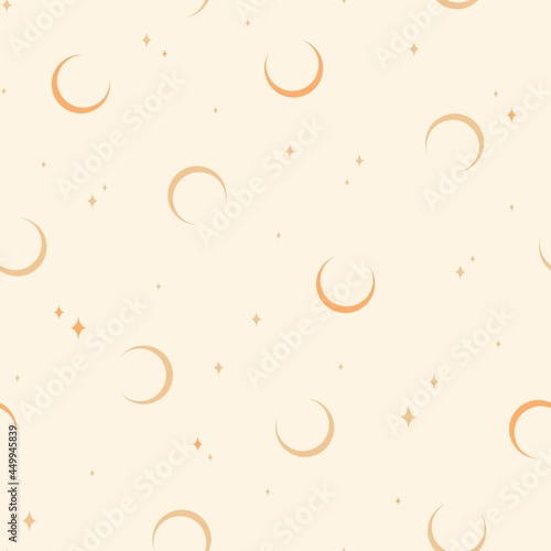 Seamless pattern with moon and stars on black background.  Contemporary  composition. Boho wall decor. Vector illustration. Mid century art print. Trendy texture for print, textile, packaging. Bohemia