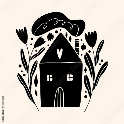 Cute Scandinavian house art. Folk rural rustic fairytale style, hygge and lagom design. Nordic scandi decor elements.