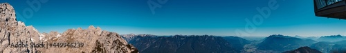 High resolution stitched panorama of a beautiful alpine summer view at the famous Alpspitze summit near Garmisch Partenkirchen  Bavaria  Germany