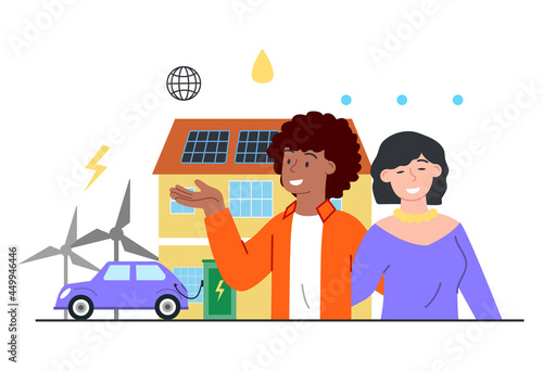 Mixed racial couple park electric car charging at home wall box charger station on house. Renewable energy storage with solar panels. Flat abstract cartoon vector illustration concept design.