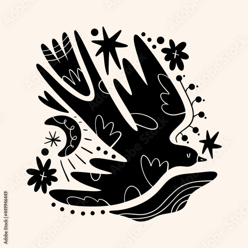 Cute Scandinavian bird art. Folk rural rustic fairytale style, hygge and lagom design. Nordic scandi decor elements.