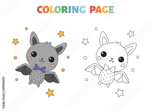 Halloween coloring book for preschool children. Cute kawaii bat. Cartoon animals. Educational game. Outline vector illustration.