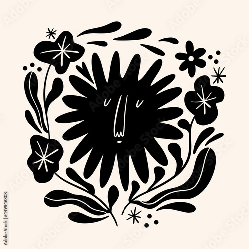 Sun flower art. Folk rural rustic fairytale style, hygge and lagom design. Nordic scandi decor elements.