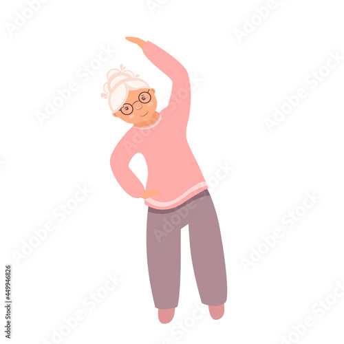 Elderly woman performs physical exercises