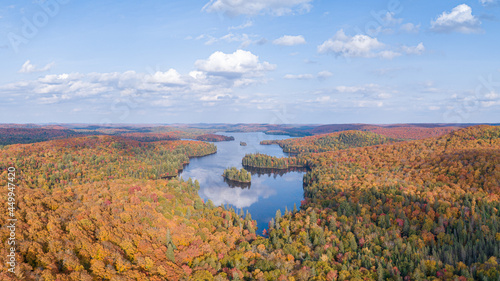 Fototapeta Naklejka Na Ścianę i Meble -  Aerial of Lake & River landscape in northern Ontario Canada during Autumn