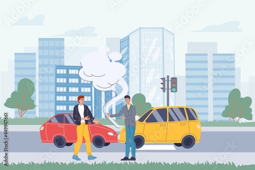 Vector flat cartoon characters in road accident scene.Two cars collided,their owners argue about what happened on cityscape background.Web online banner design,city life scene,social story concept