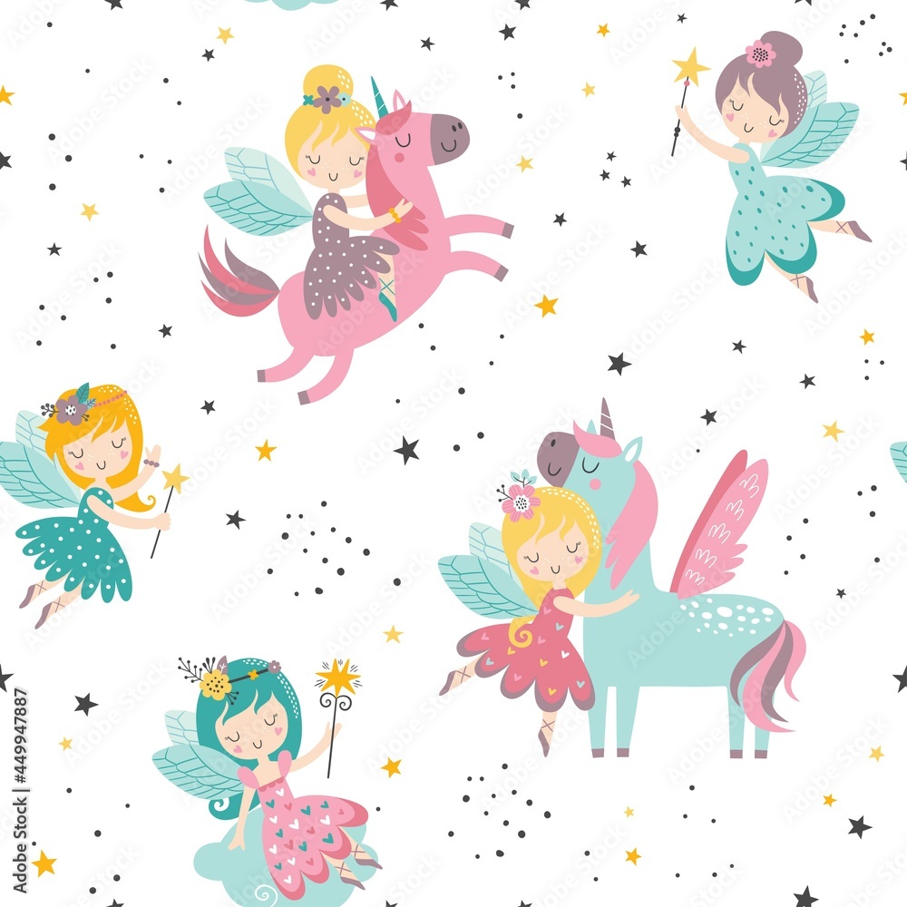 Vector seamless childish pattern with fairy, flowers, unicorn and other elements. Fairy with a magic wand vector illustration. Seamless pattern with cartoon fairy for kids, girl. Vector seamless childish pattern with fairy, flowers, unicorn and other elements. Fairy with a magic wand vector illustration. Seamless pattern with cartoon fairy for kids, girl.