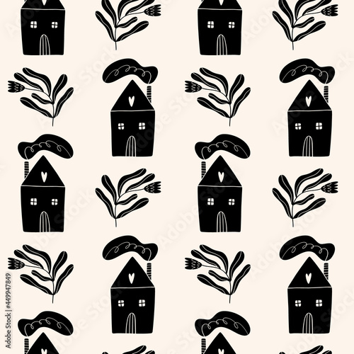 Small whimsical houses seamless pattern. Folk rural rustic fairytale Scandinavian style, hygge and lagom concept. Nordic scandi decor elements.