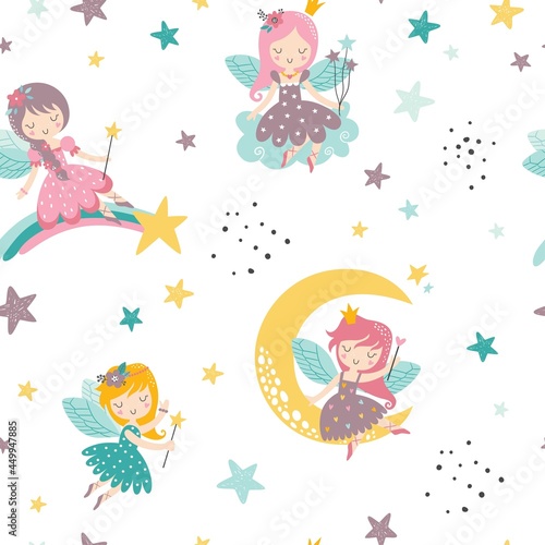 Vector seamless childish pattern with fairy, flowers, stars, moon and other elements. Fairy with a magic wand vector illustration. Seamless pattern with cartoon fairy for kids, girl.