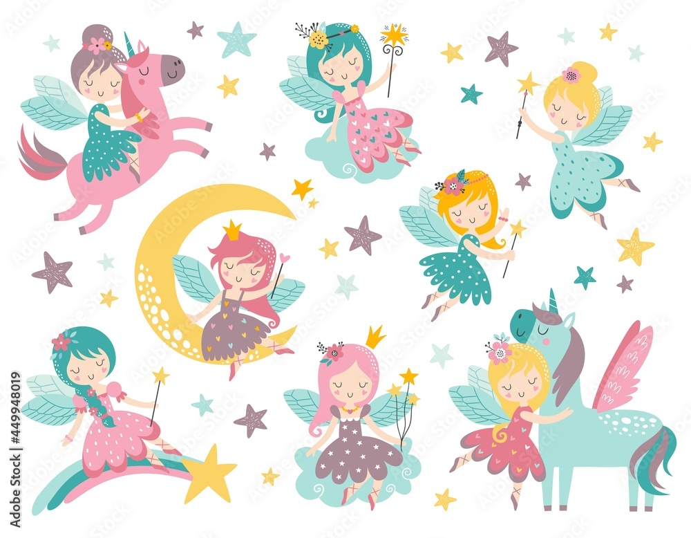 Vector childish set with fairy, flowers, moon and other elements. Fairy with a magic wand vector illustration.  Cartoon fairy for kids, girl. - obrazy, fototapety, plakaty 