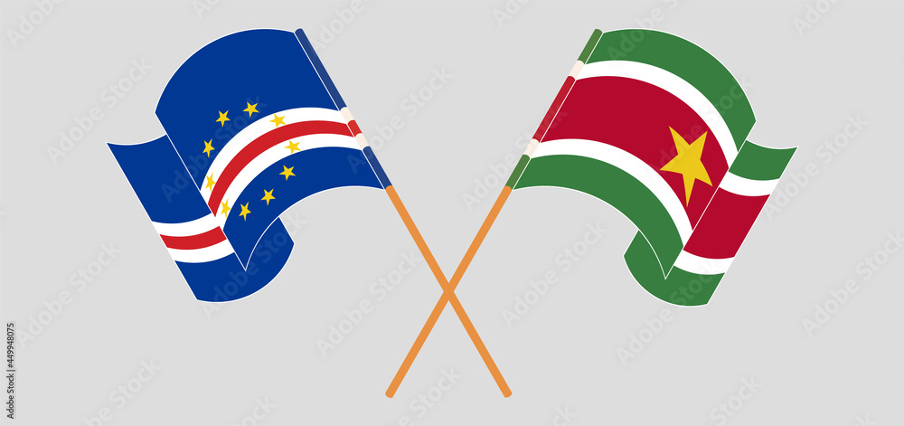 Crossed and waving flags of Cape Verde and Suriname Crossed and waving flags of Cape Verde and Suriname