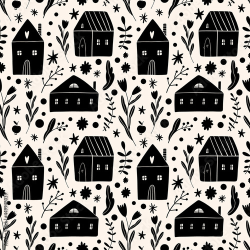 Small whimsical houses seamless pattern. Folk rural rustic fairytale Scandinavian style, hygge and lagom concept. Nordic scandi decor elements.
