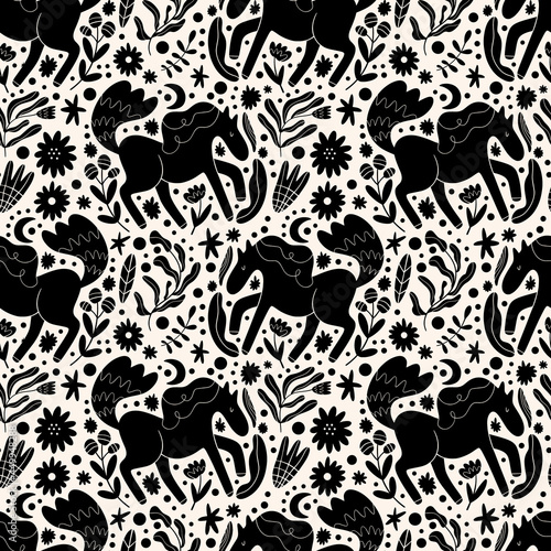 Scandinavian horses and flowers seamless pattern. Scandi folk animals ornament. Nursery rural print.