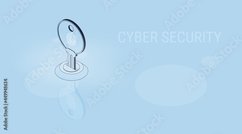 Cyber security. Isometric vector key fingerprint with reflection. Protection and safety concept illustration