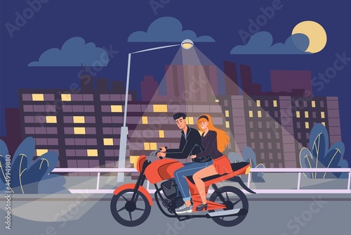 Vector flat cartoon man and woman characters ride motorcycle on night road.Young stylish teenager and happy cute girl on motorbike -web online banner design,life scene,social story concept
